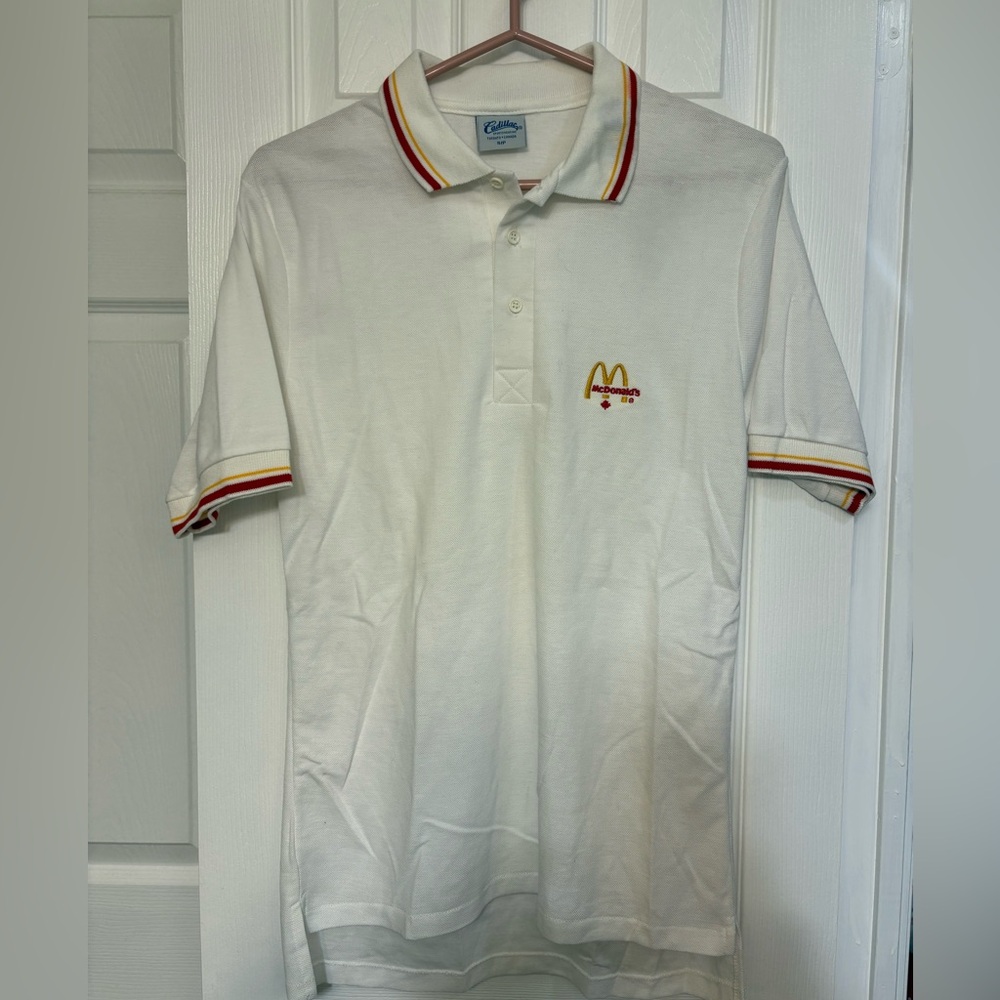 VTG McDonald’s Uniform Sz S White Short Sleeve Stripe Collared Polo Shirt Unisex